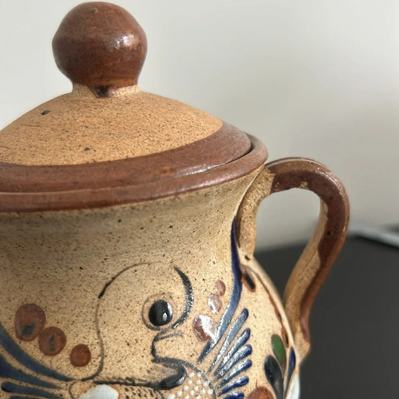 Tonala Mexican  Pottery Folk Art With Lid Double Handle Floral Bird Design - Picture 13 of 14